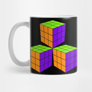 Three Rubik Cubes in a Triangle - Orange, Green and Purple Mug